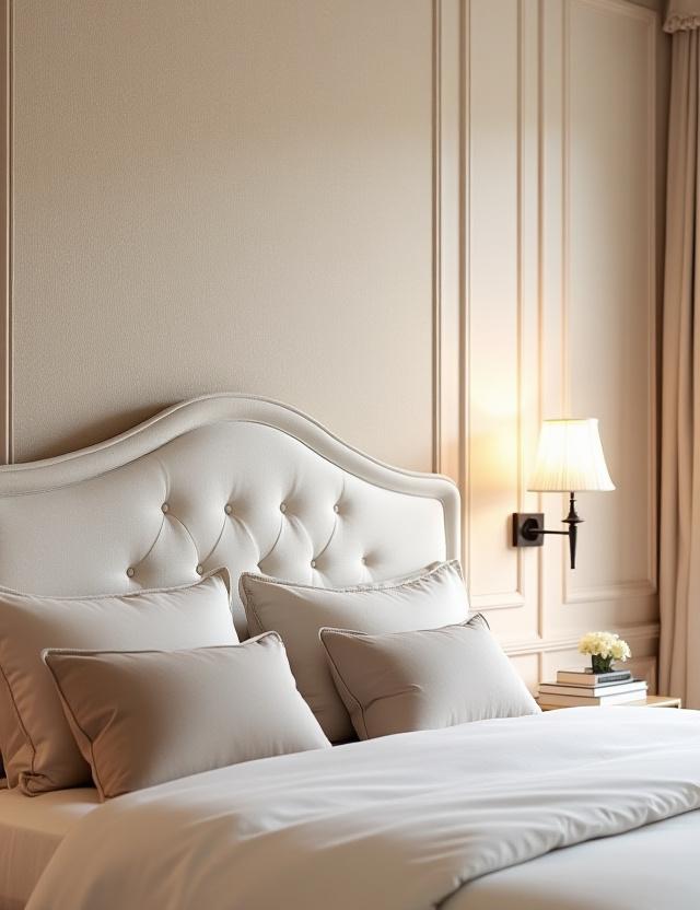 Testata del letto in una camera da letto elegante con carta da parati tessile.