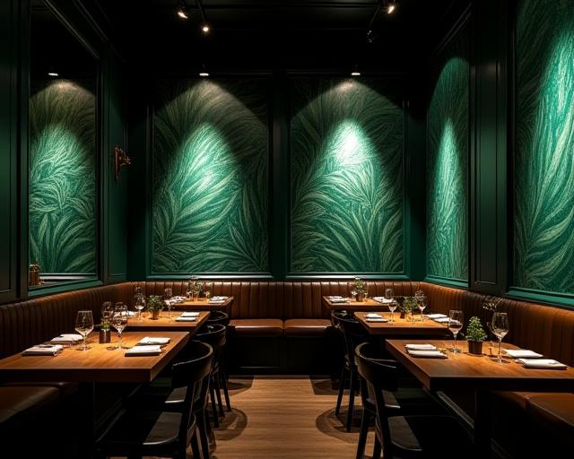 Ristorante di design con pareti rivestite in carta da parati con motivi botanici scuri.