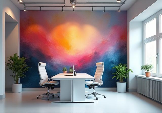 Ufficio direzionale creativo con un murale personalizzato.